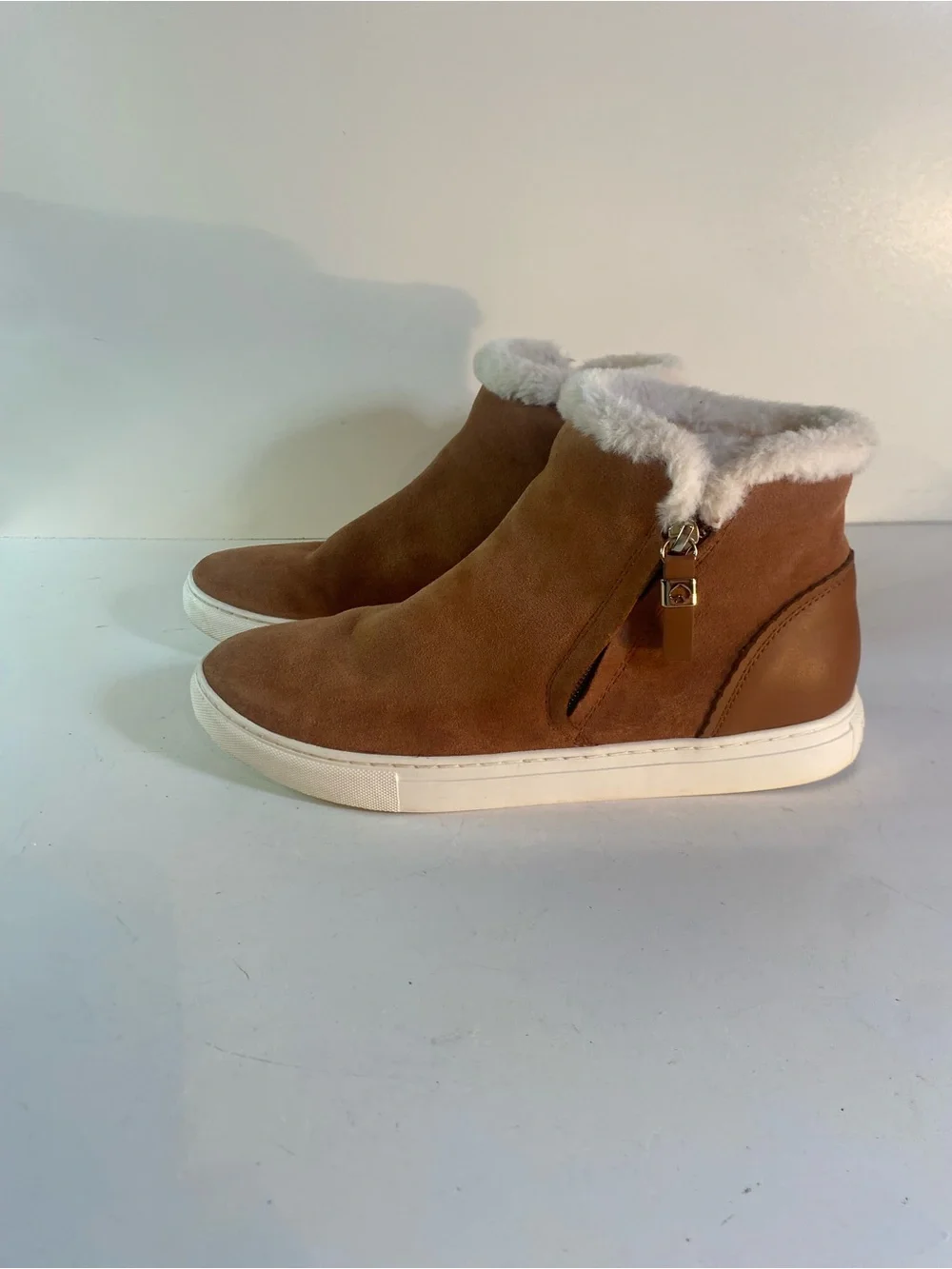 Kate Spade Harper Gingerbread Suede Winter Sneakers Plush White Faux Fur Lining